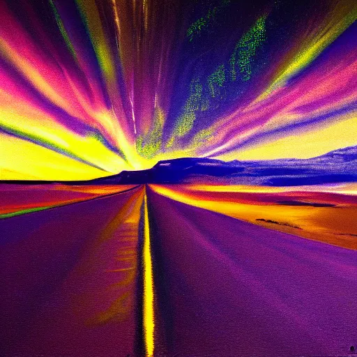 Image similar to water painting of an endless street in the desert at night, northern lights