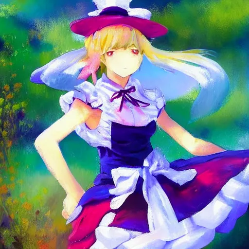 Image similar to Beautiful abstract impressionist painting of Kirisame Marisa from the Touhou project at the beach wearing a maid dress and a hat, touhou project official artwork, danbooru, oil painting by Antoine Blanchard, wide strokes, pastel colors, soft lighting sold at an auction