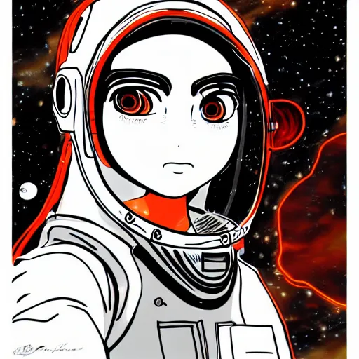 Prompt: detailed portrait of a young astronaut girl, murata range!, vibrant, orange red black and white color scheme ((space nebula background)),NieR inspired,