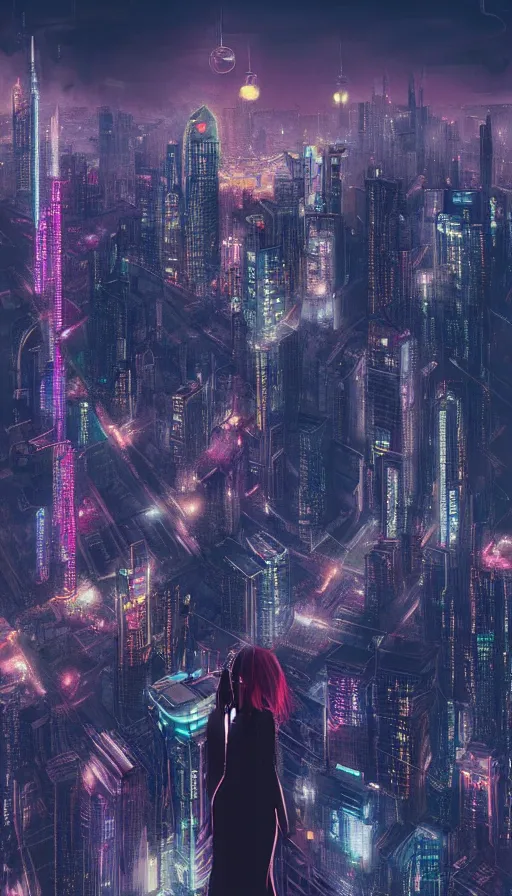 Prompt: night portrait of cyberpunk show girl on a roof, looking up at cityscape of vertical cyberpunk city with high towers, shanghai, Alena Aenami and artgerm