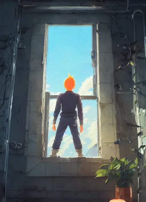 Image similar to highly detailed krillin standing outside building with a window with metal bars and naruto uzumaki with black hair behind them art by greg rutkowski, loish, rhads, ferdinand knab, makoto shinkai and lois van baarle, ilya kuvshinov, rossdraws, tom bagshaw, global illumination, radiant light, detailed and intricate environment