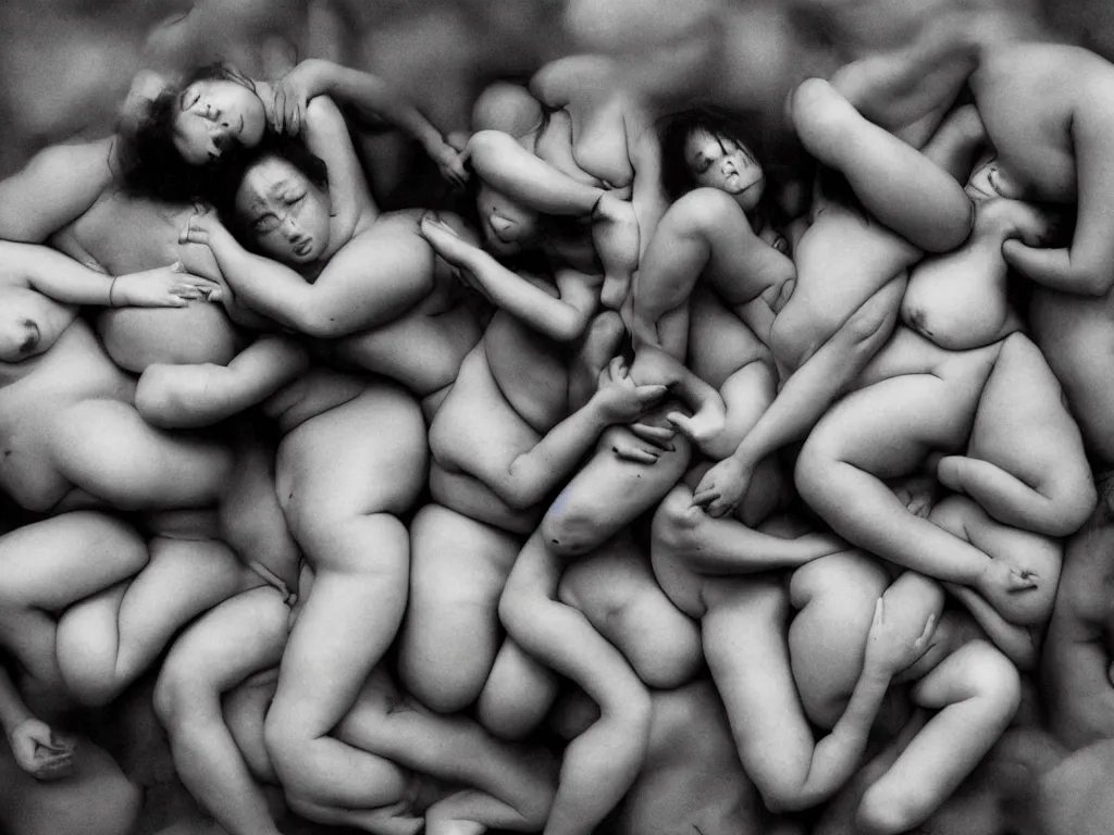 Image similar to a group of fat human bodies intertwined, dense fog, in the style of nobuyoshi araki and klimt,