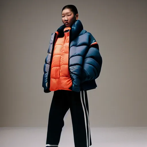 Image similar to realistic photoshooting for a new balenciaga lookbook, color film photography, portrait of a blonde asian woman, model wearing a puffer jacket, photo in style of tyler mitchell, 3 5 mm,