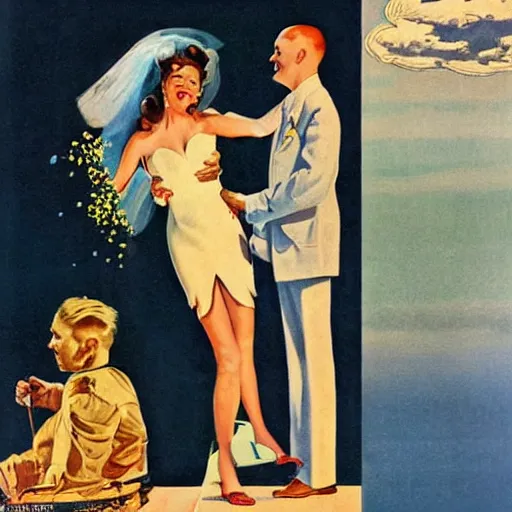 Image similar to i wouldn't marry you if you were the last man on earth!, apocalypse wedding, crying sad unhappy bride, laughing groom, doomsday by gil elvgren and margaret brundage and chesley bonestell