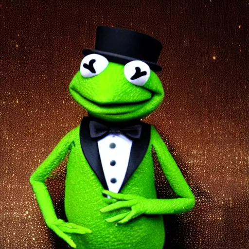 Prompt: kermit the frog wearing a tux to a movie theater, photorealistic, 4k, high detail