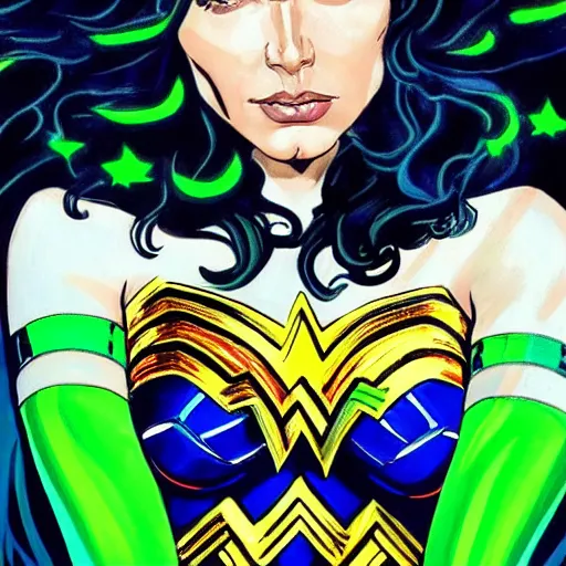 Image similar to highly detailed painting of wonder woman floating in the center, white hair, glowing green eyes, dark blue to white center background, 4 k, ultra realistic,