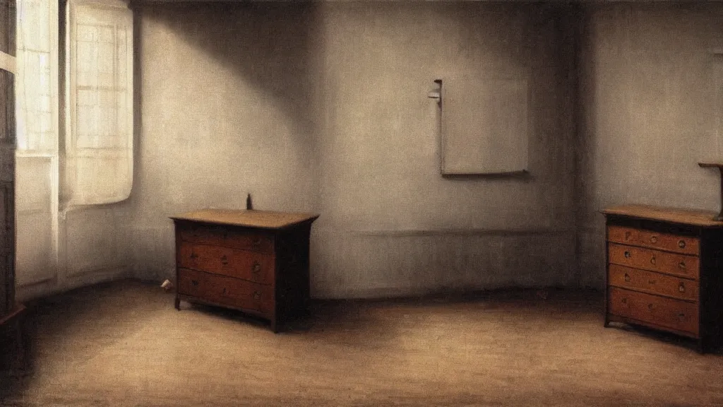 Prompt: in a very old house, an opened drawer in a chest, full of memories and little things, painted by vilhelm hammershoi, interior design, rays of light, melancholy