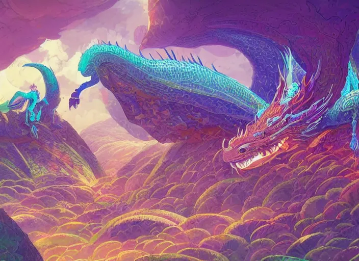 Image similar to psychedelic concept art of a dragon landscape made of thousands of spiraling dragons, cel shaded, in the style of makoto shinkai and moebius and peter mohrbacher and anton fadeev