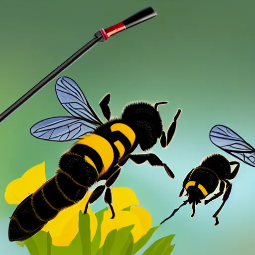 Prompt: a wasp and a bumble bee duelling with lightsabers