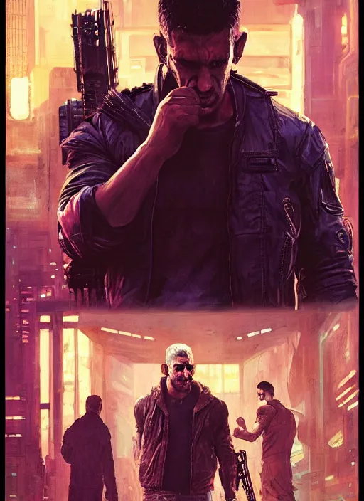 Image similar to cyberpunk version of the punisher walking into a cyberpunk nightclub (blade runner 2049, cyberpunk 2077). Orientalist portrait by john william waterhouse and James Gurney and Theodore Ralli and Nasreddine Dinet, oil on canvas. Cinematic, hyper realism, realistic proportions, dramatic lighting, high detail 4k