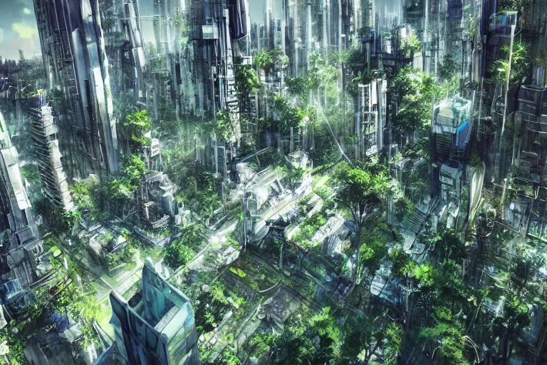 Image similar to futuristic city, lush vegetation, humid, early evening, diagonal view, geometric buildings, cloudy, beautiful, dull pastel colors, realistic, hyper detailed, octane render, trending on artstation by yoshitaka amano and makoto shinkai, studio ghibli style