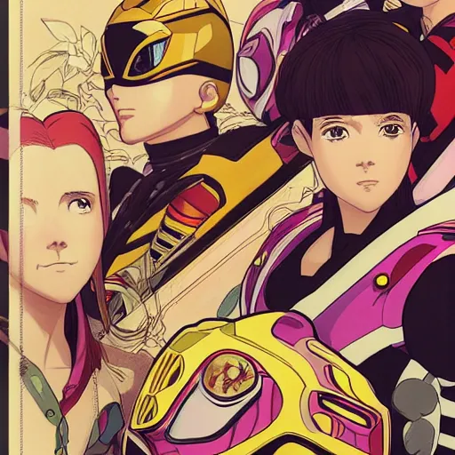 Prompt: Portrait of power rangers on steampunk, defined facial features, highly detailed, artstation, official artbook, official Kyoto Animation and Studio Ghibli anime screenshot, by Ilya Kuvshinov and Alphonse Mucha