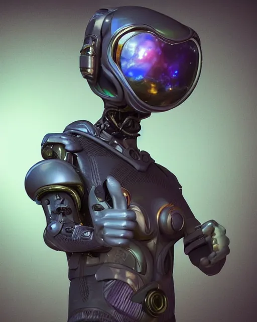 Prompt: close offset portrait with subject in bottom right corner looking at viewer. giving a thumbsup!!!!! to the camera. smartphone photo. instagram. interdimensional cosmic traveler takes a selfie in front of a bizarre exotic anomaly. futuristic alien smooth exosuit designed by. octane cg render, hdr, volumetric. artgerm, beeple.