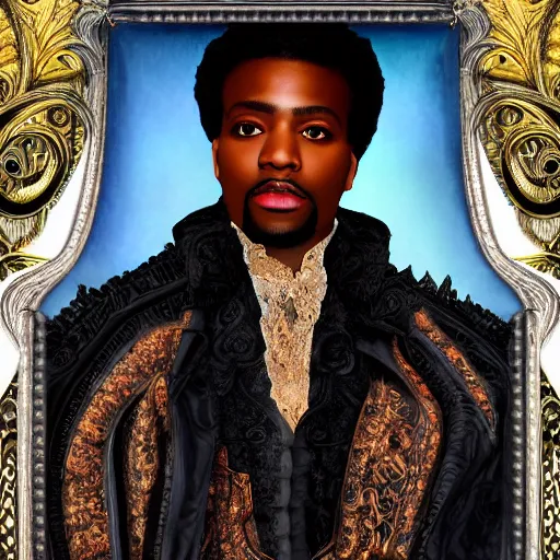 Image similar to hyperdetailed maximalist elaborate half - lenght portrait of a futuristic a beautiful black man, wearing long clothing. rococo architecture, in the style of modigliani and mixed media collage. matte background hd 8 x