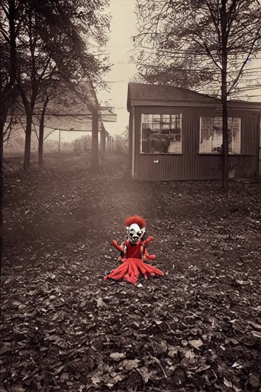 Prompt: creepy clown in liminal space by Gregory Crewdson