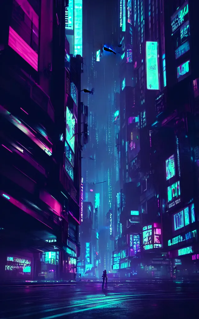 Prompt: a magnificent dark neon futuristic cyberpunk city bustling street at night cyberart by liam wong rendered in octane, 3 d render, trending on cgsociety, blender 3 d
