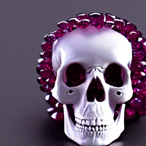 Prompt: An 8k cinematic film still of a skull made of ruby crystal.