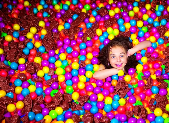 Prompt: photo still of in a ball pit filled with chocolate pudding!!!!!!!! at age 4 6 years old 4 6 years of age!!!!!!!! hiding from parents, 8 k, 8 5 mm f 1. 8, studio lighting, rim light, right side key light