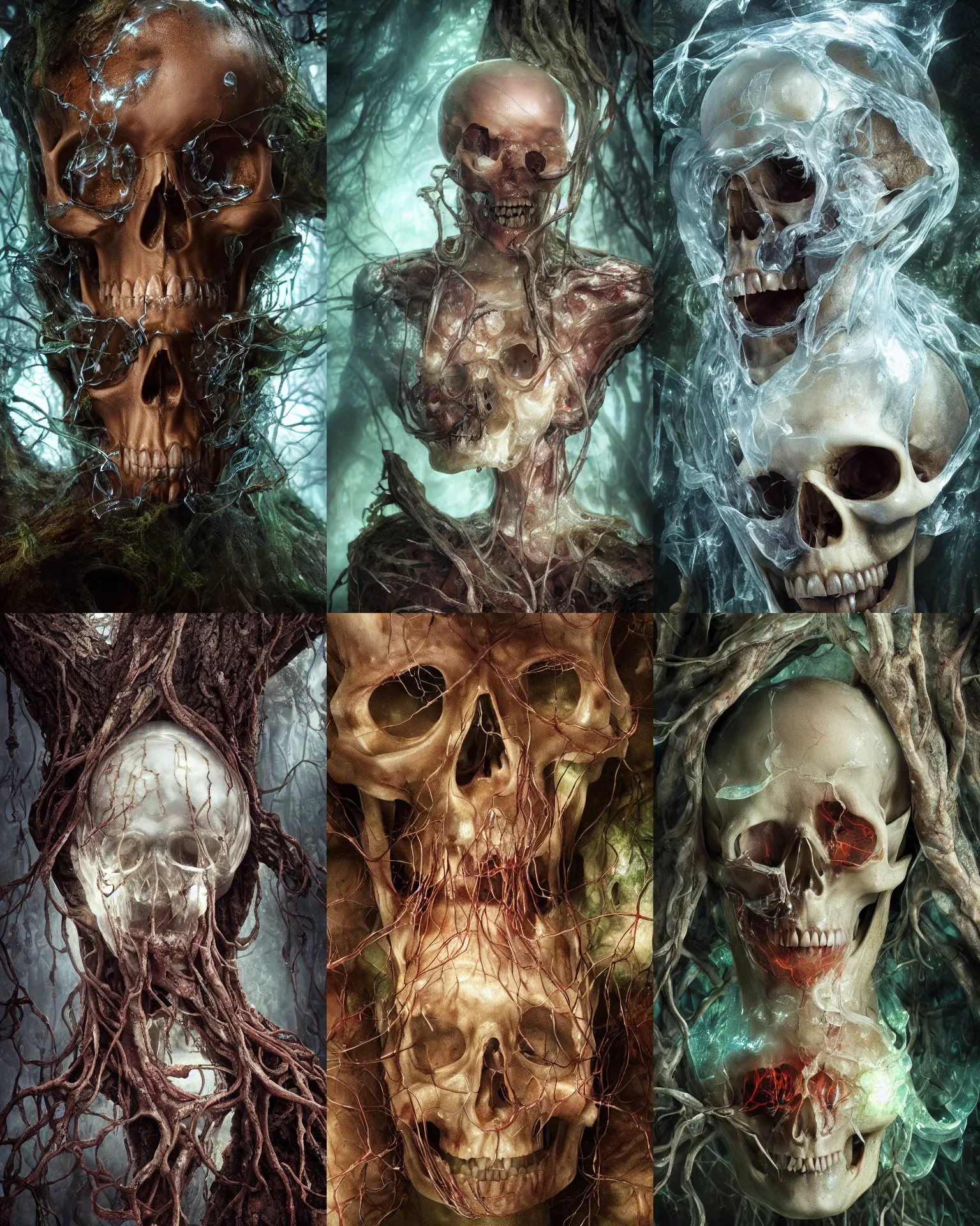 Prompt: high detail photograph of translucent skull-like head covered in thin translucent membrane with veins and gelatinous sacks with tendons and muscle in an old tree in the woods, james jean, brian froud, ross tran, ultra detailed, atmospheric, epic composition, cinematic, unreal engine, flares, particles, volumetric light