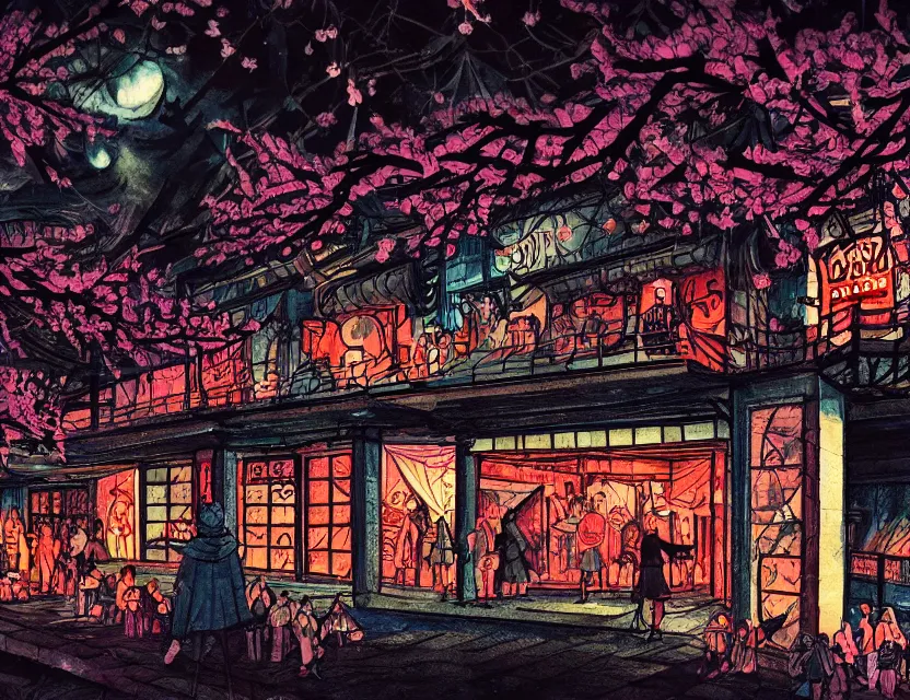 Prompt: sakura cave night club. heavily stylized, gouache painting by indie cartoonist. backlighting, chiaroscuro, intricate details, field of depth.