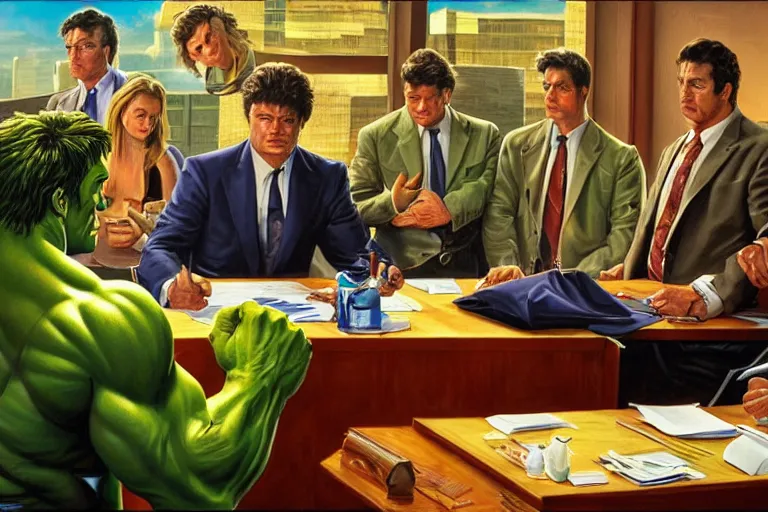 Image similar to the hulk wearing a business suit sitting at a table in a corporate board meeting, oil on canvas, intricate, full scene, 8 k highly professionally detailed, hdr, joe jusko