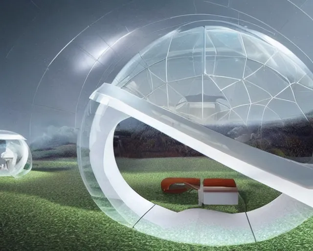 Prompt: futuristic innovation. modular dome house. there is a city on a cloud. floating over the city. mycelial