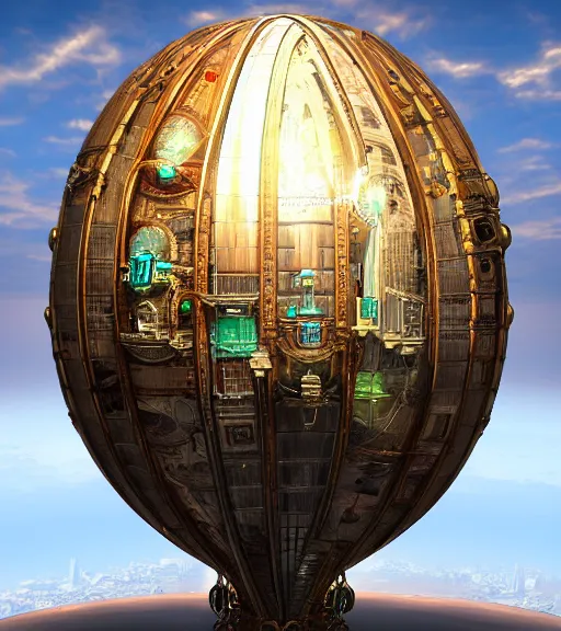 Image similar to enormous flying city in a faberge egg, sky, steampunk, fantasy art, masterpiece, unreal engine