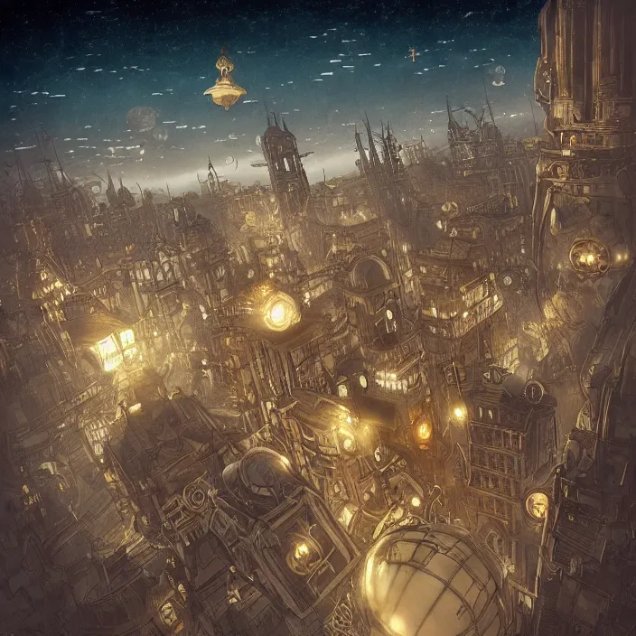 Prompt: a floating city in a night sky, with steampunk art nouveau architecture and dirigibles floating in the air, cityscape, trending on artstation