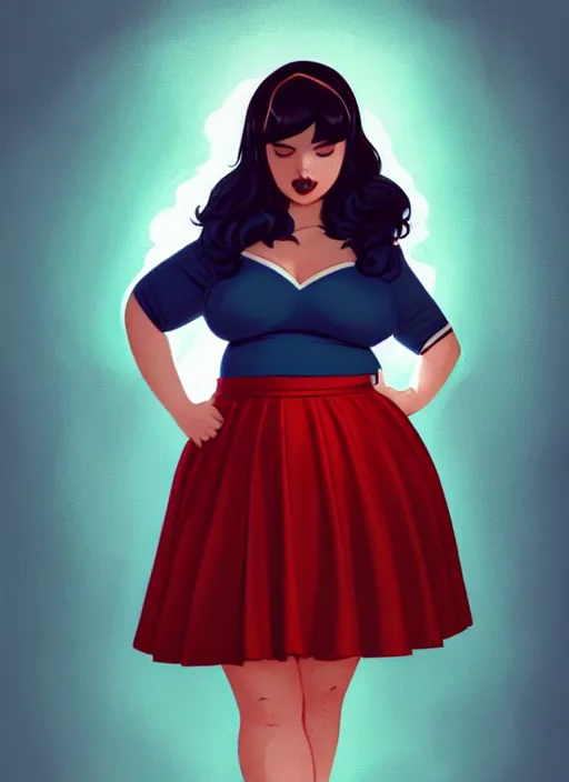 Image similar to full body portrait of teenage veronica lodge, obese, bangs, sultry, realistic, sultry smirk, wavy hair, red skirt, fat, belly, intricate, elegant, glowing lights, highly detailed, digital painting, artstation, concept art, smooth, sharp focus, illustration, art by wlop, mars ravelo and greg rutkowski