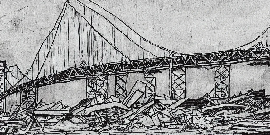 Prompt: collapsed san francisco bridge, childrens drawing