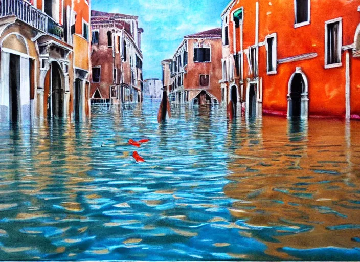 Prompt: painting of Venice completely flooded, underwater view, fishes, dystopian, dark feeling, ambience lighting