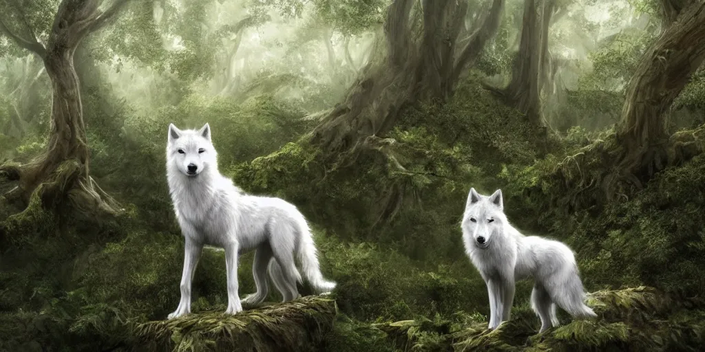 Prompt: highly detailed digital art of a magestic white wolf standing on an overgrown fallen tree trunk, lush surroundings, sunshine, tranquil, artstation