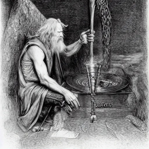 Image similar to the evil ian mckellen smithing on an anvil as gandalf in a dark viking hood playing odin all father crafting the bright sphere of life on an anvil, highly detailed, cinematic shot, cinematic lighting, 8 k, exquisit facial detail, colored painting by gustave dore and artemisia gentileschi, chiaroscuro, dark painting.