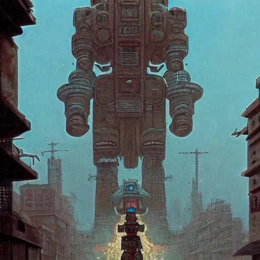 Image similar to mayan cyberpunk robot golem striding through streets of city, perfectly clear face, shadow of the colossus screenshot by j. c. leyendecker, simon stalenhag, studio ghibli, and beksinski