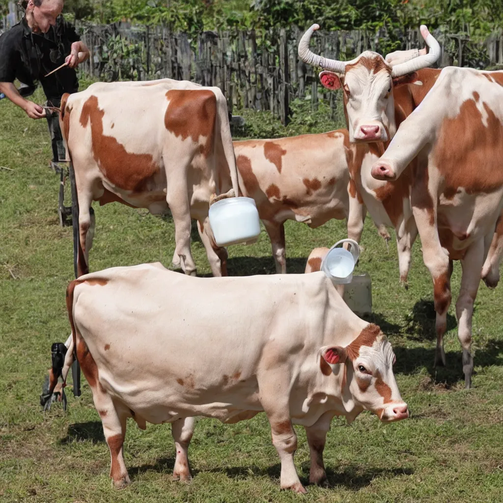 Image similar to a single cow with very large udders, she is spraying milk everywhere