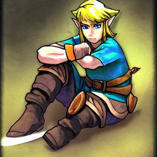 Image similar to Link sits depressive and looks down, legend of zelda, sad, depressive, dont happy, art