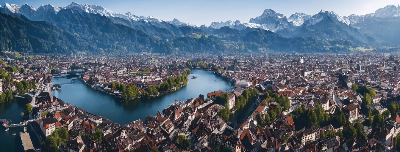 Image similar to Photo of Zurich, looking down the Limmat at the lake and the alps, Hardturm, Grossmünster, wide angle, volumetric light, hyperdetailed, light blue water, artstation, cgsociety, 8k