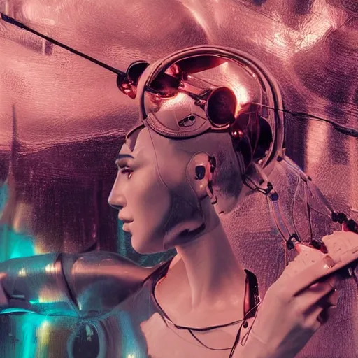 Image similar to photographic stil of beautiful model, a human robot woman, beautiful artificial body with artificial bones and artificial flesh, cables, tubes, robots making robots using robots, westworld style, medium - shot, insanely detailed, photorealistic, beautiful soft light, octane render, by annie leibowtiz