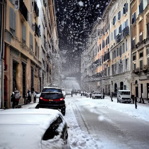 Prompt: The city of Rome under the snow on August. It's snowing everywhere on the entire cityscape of Rome under a blue sky and a very hot sun. It's crazy hot.