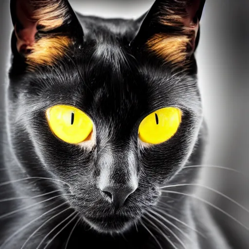 Image similar to a black cat with yellow eyes wearing knight armor, realistic photograph, studio lighting