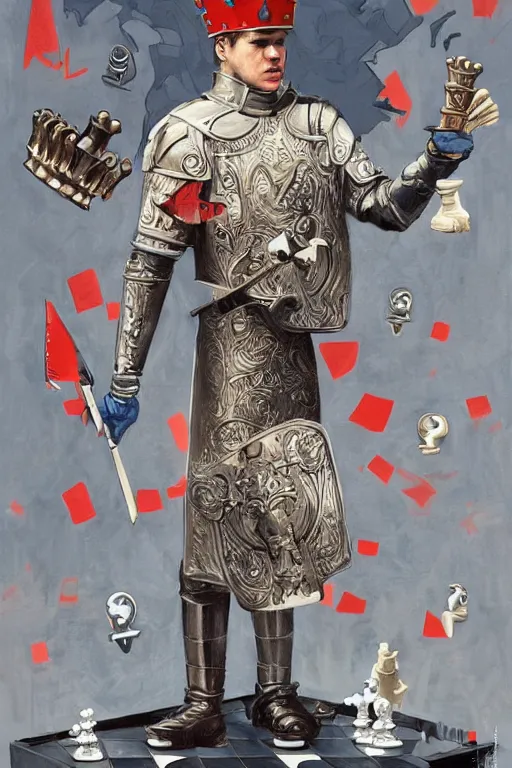 Image similar to a painting of magnus carlsen on a chess knight as king of chess, a surrealist painting by james jean, trending on cgsociety, pop surrealism, androgynous, grotesque, angular