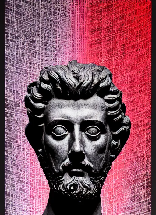 Image similar to elegant dark design poster showing a statue of marcus aurelius, black background with very subtle red and purple design elements, powerful, nekro, vito acconci, thin straight lines, dark, glitch art, neo vaporwave, gritty, layout frame, square, extremly detailed, trending on artstation