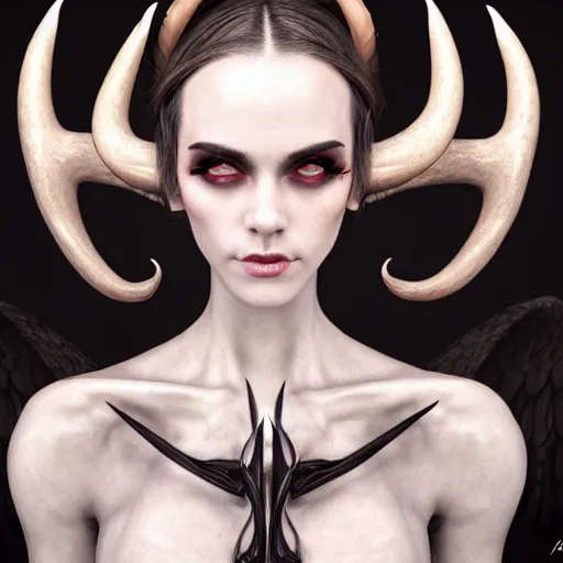 Image similar to perfectly - centered close - up face - portrait of evil fallen angel with long horns wearing a dress, the perfect human female specimen, intricate, elegant, super highly detailed, professional digital painting, artstation, concept art, smooth, sharp focus, no blur, no dof, extreme illustration, unreal engine 5, 8 k, by anne stokes