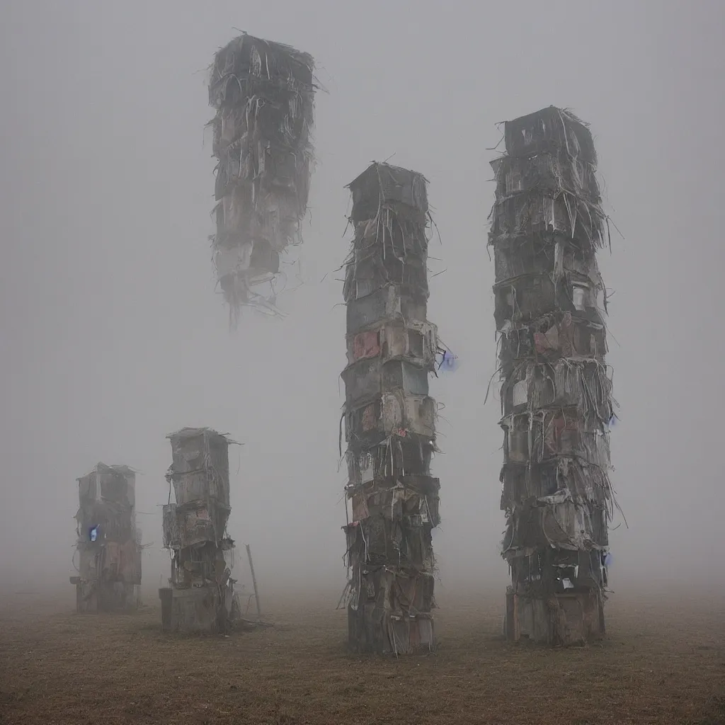 Image similar to two towers, made up of makeshift squatter shacks with pastel colours, uneven dense fog, dystopia, mamiya, f 1 1, fully frontal view, photographed by jeanette hagglund