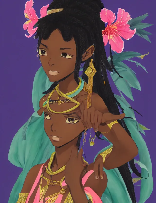 Prompt: black - skinned princess of the azalea mountains. this gouache painting by the award - winning mangaka has an interesting color scheme, plenty of details and impeccable lighting.