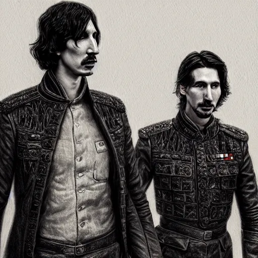 Image similar to a portrait of john oliver standing next to adam driver, stoic, military uniform, fantasy, intricate, elegant, beautiful, highly detailed, charcoal, centered, dark, smokey, digital painting, artstation, concept art, smooth, sharp focus, illustration, art by samma van klaarbergen - h 7 0 4