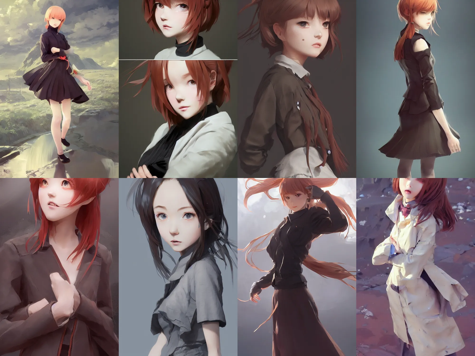 Prompt: Very complicated dynamic composition, realistic gentle style at Pixiv by WLOP, ilya kuvshinov, krenz cushart, Greg Rutkowski, trending on artstation. Zbrush sculpt colored, Octane render in Maya and Houdini VFX, young redhead girl in motion, wearing jacket and skirt, silky hair, black stunning deep eyes. Amazing textured brush strokes. Cinematic dramatic soft volumetric studio lighting
