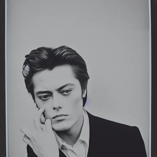 Image similar to stunning symmetrical portrait of alain delon in front of a ( ( ( tall moog synthesizer ) ) ), high contrast grainy blank and white photography print ilford warm tone, huge modular synthesizer