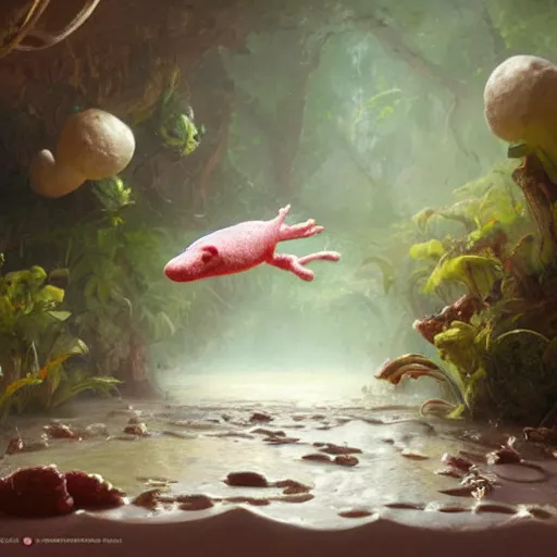 Prompt: Cute marshmallow axolotl crawling from a cacao swamp, salamander, candy world, oil painting, by Greg Rutkowski