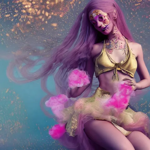 Prompt: 8 k, octane render, realism, tonalism, renaissance, rococo, baroque, portrait asian of a young lady wearing long harajuku manga dress with flowers and skulls, cotton candy!! ( background chaotic gold leaf flowers ) bikini